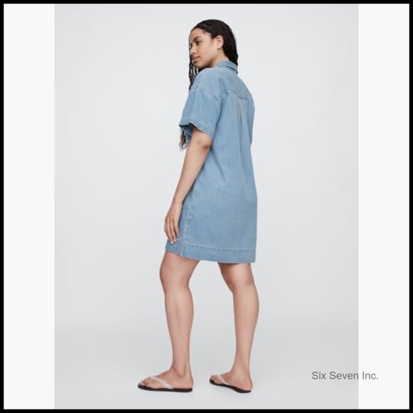 Denim Popover Mini Dress Casual Comfortable Fit Machine Washable - Picture 5 of 6